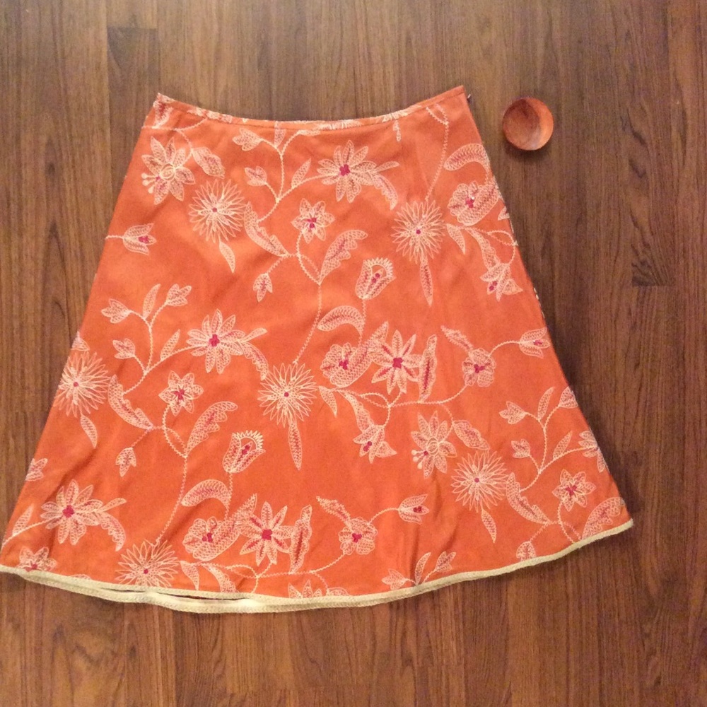 Talbots Orange Floral Embroidered A-Line Skirt